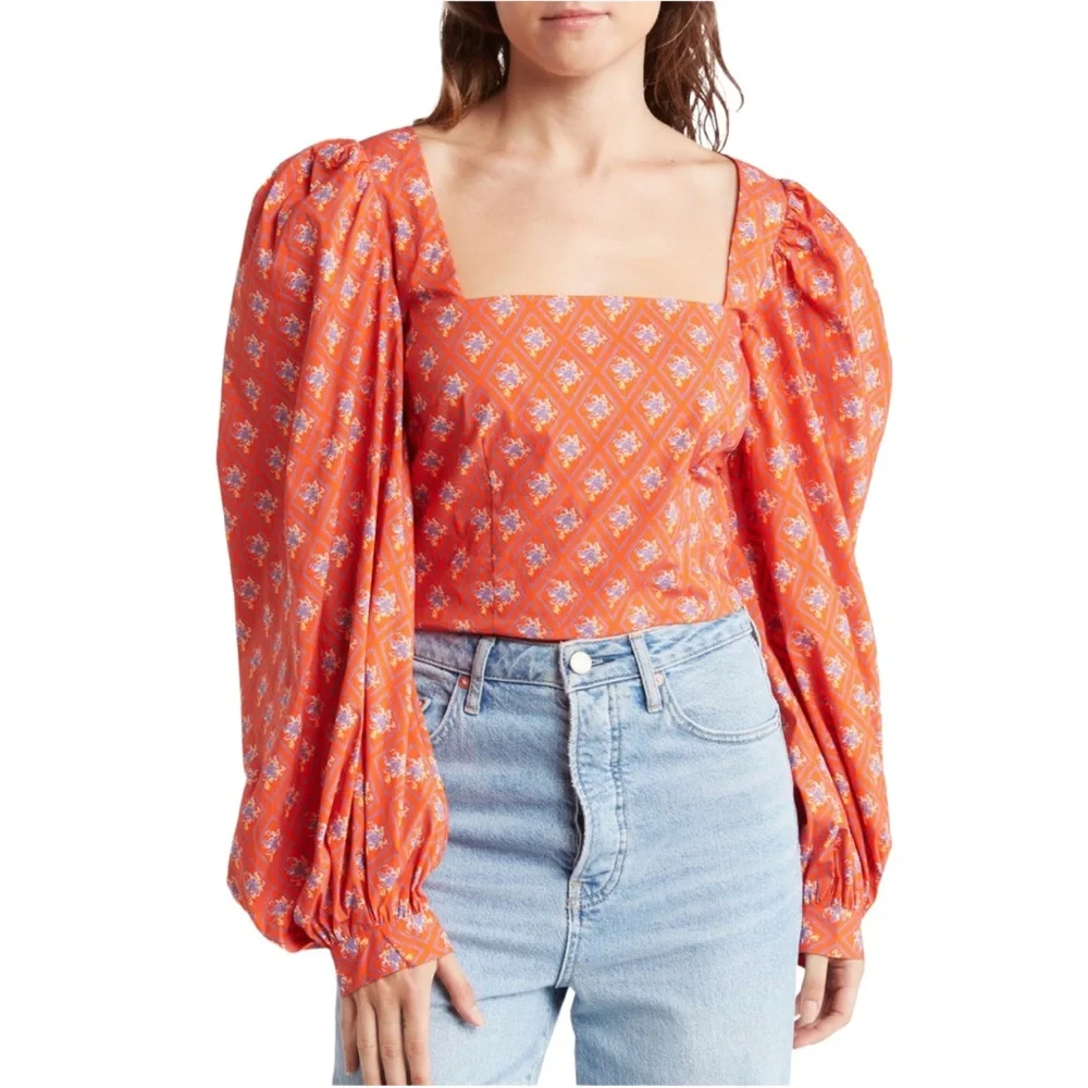 Caroline Constas Elliot Floral Balloon Sleeve Crop Top in Red Diamond Toile (M) - Picture 11 of 11